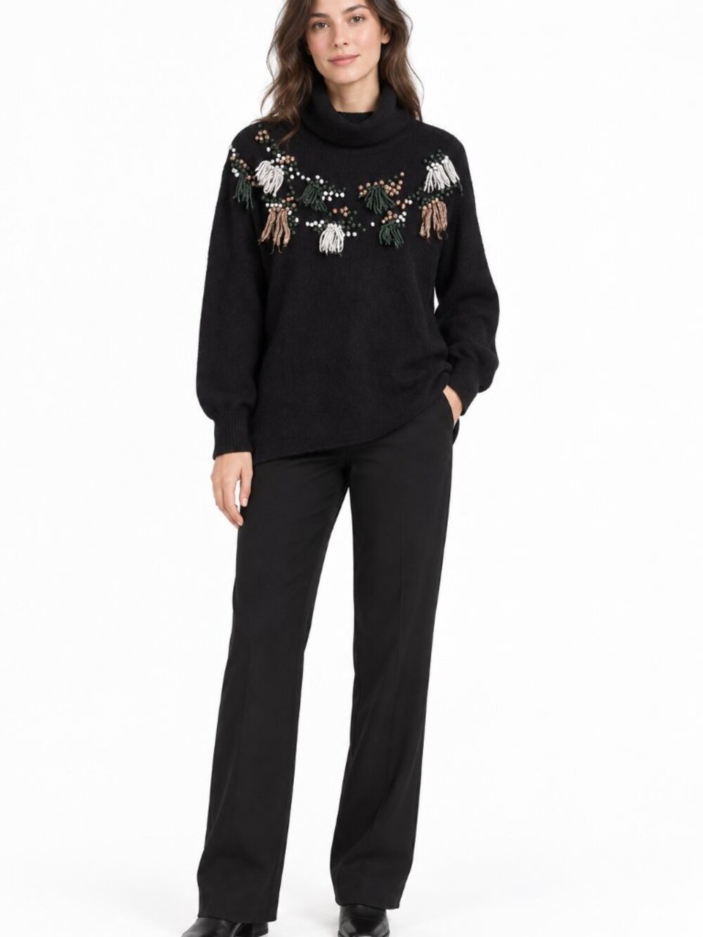 RENUAR Black Embroidered Turtleneck Sweater Tassel Floral Detail One Size